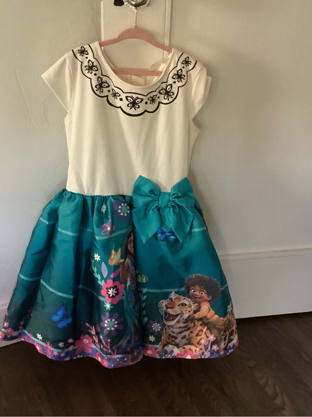 H&M White Top Teal Floral Bow Girls Dress mirabel coustume